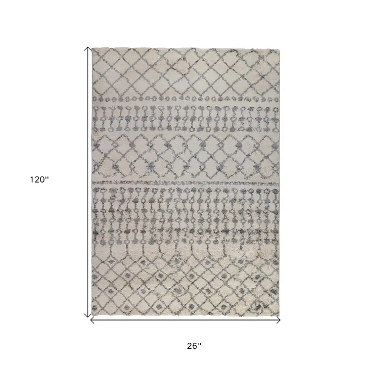 10' Gray And Ivory Geometric Shag Runner Rug