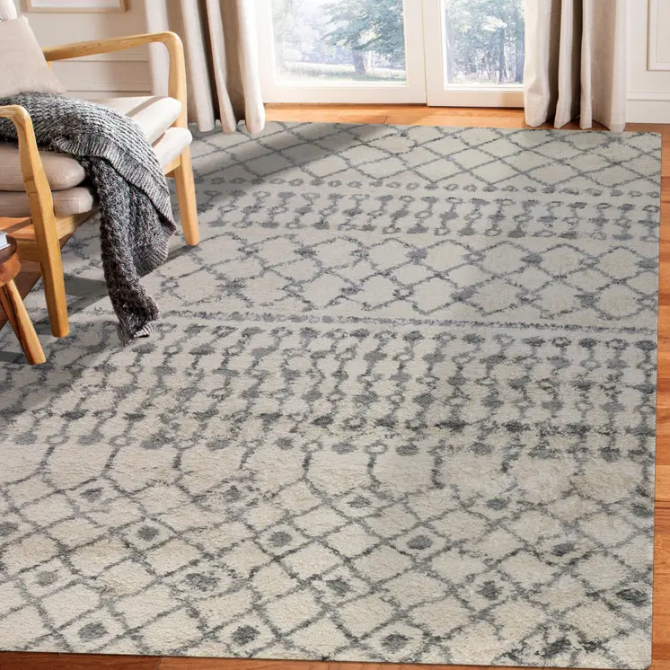 7' X 9' Gray And Ivory Geometric Shag Area Rug