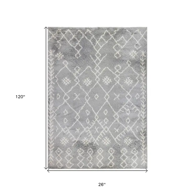 10' Ivory And Light Gray Geometric Shag Runner Rug