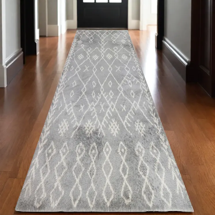 10' Ivory And Light Gray Geometric Shag Runner Rug