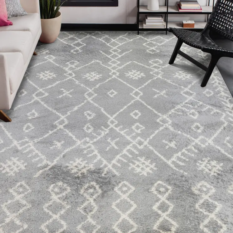 7' X 9' Ivory And Light Gray Geometric Shag Area Rug