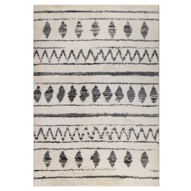 8' X 12' Black And Ivory Geometric Shag Area Rug