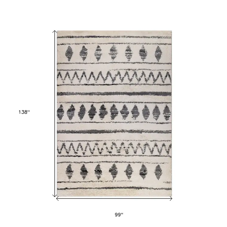 8' X 12' Black And Ivory Geometric Shag Area Rug