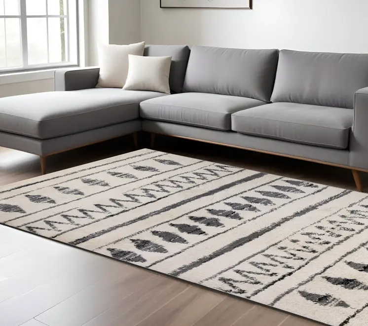 8' X 12' Black And Ivory Geometric Shag Area Rug