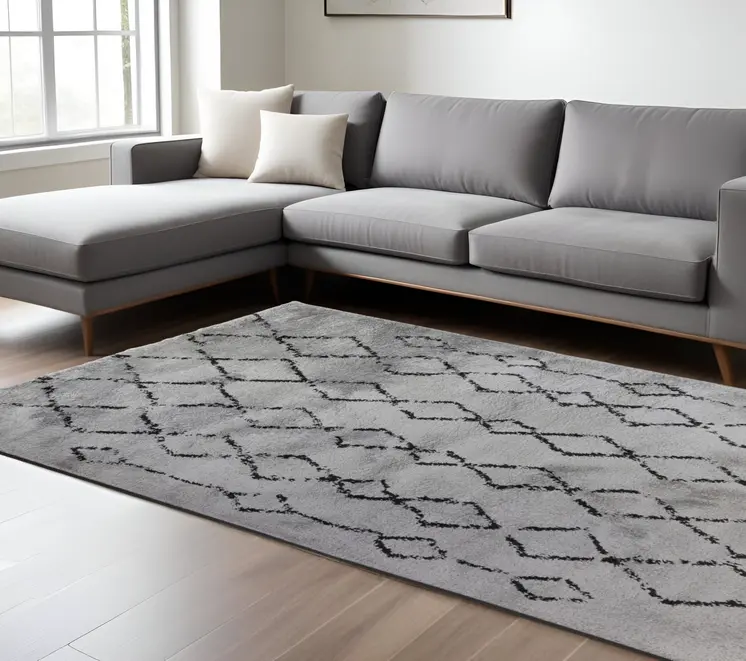 8' X 12' Black And Gray Geometric Shag Area Rug
