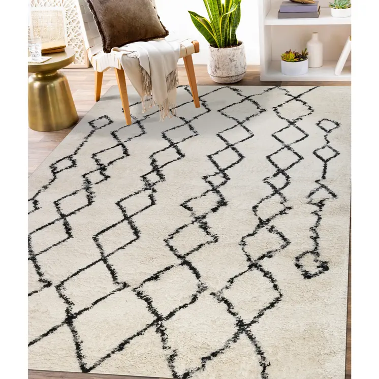 8' X 12' Black and Ivory Geometric Shag Area Rug