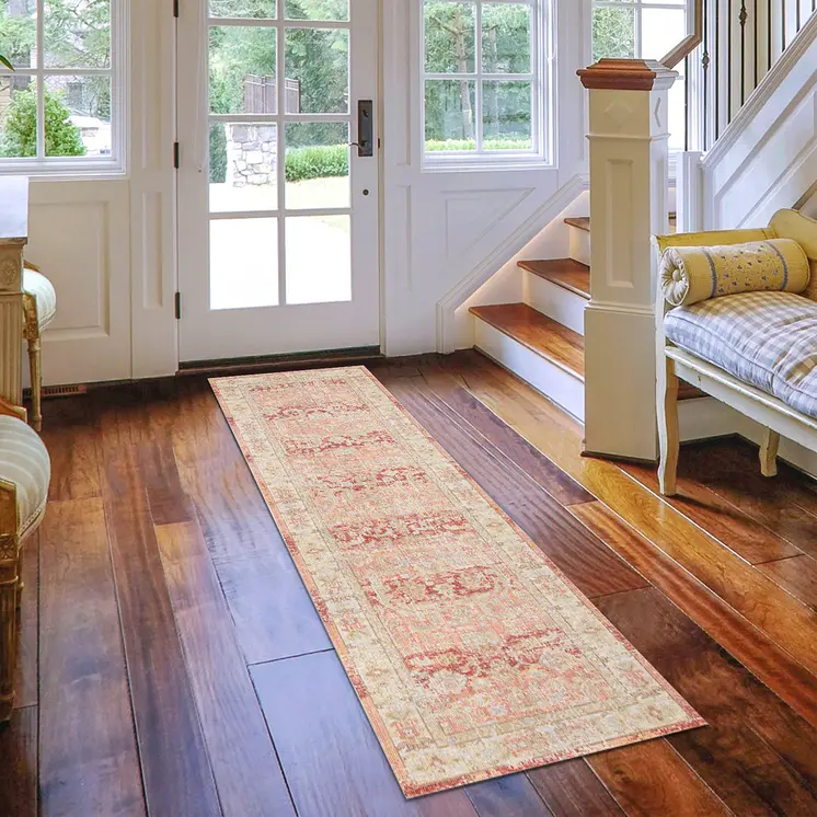 8' Salmon And Tan Floral Runner Rug