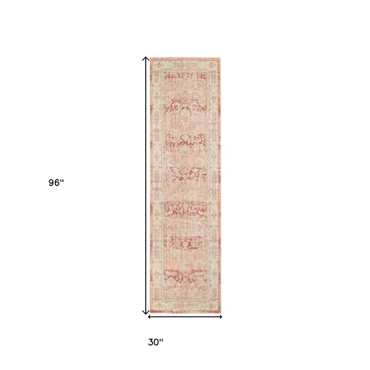 8' Salmon And Tan Floral Runner Rug