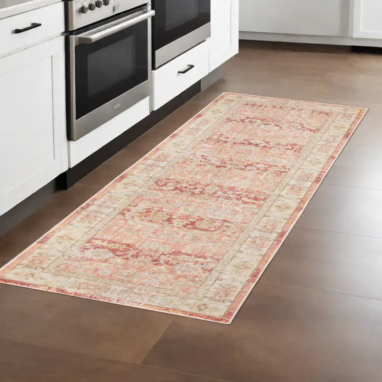 8' Salmon And Tan Floral Runner Rug