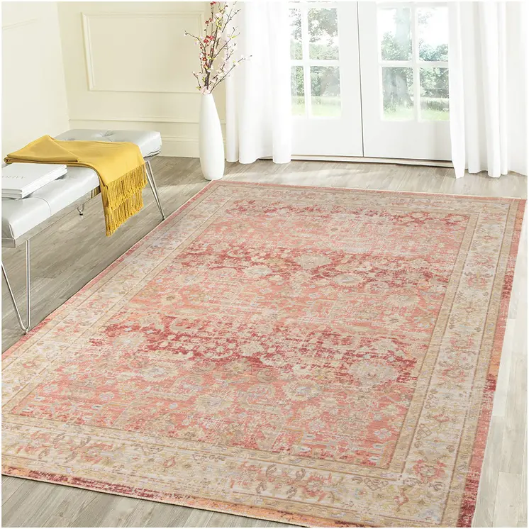 5' X 8' Salmon And Tan Floral Area Rug