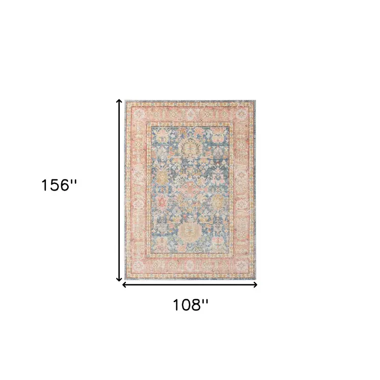 9' X 13' Blue Gold And Orange Floral Area Rug