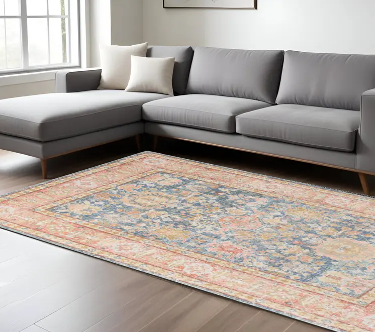 9' X 13' Blue Gold And Orange Floral Area Rug