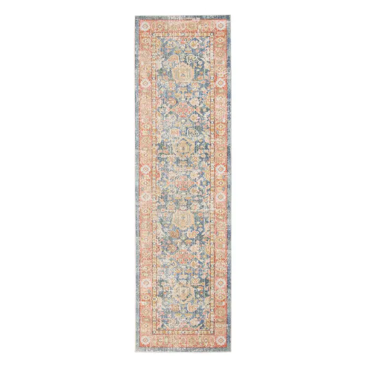 8' Blue Gold And Orange Floral Runner Rug