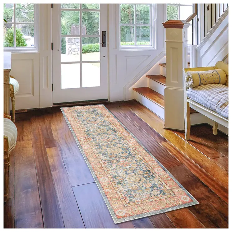 8' Blue Gold And Orange Floral Runner Rug