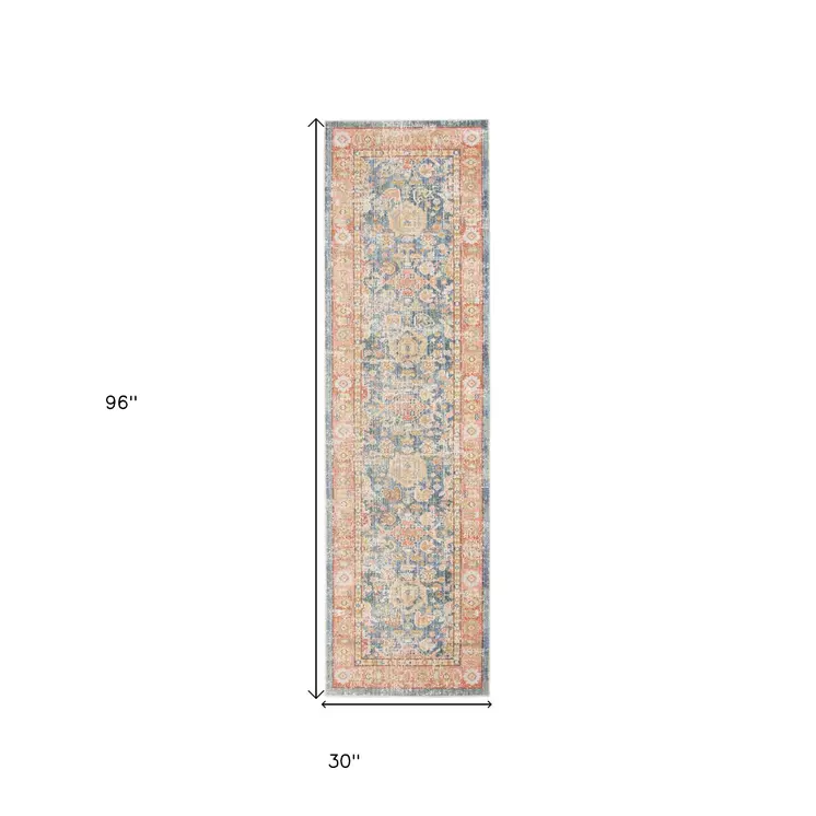 8' Blue Gold And Orange Floral Runner Rug