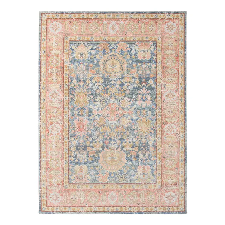4' X 6' Blue Gold And Orange Floral Area Rug