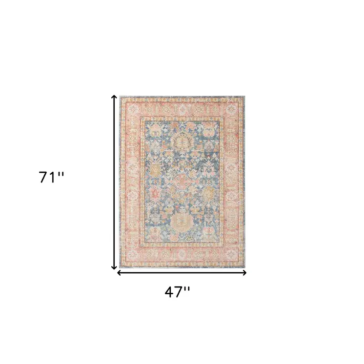 4' X 6' Blue Gold And Orange Floral Area Rug