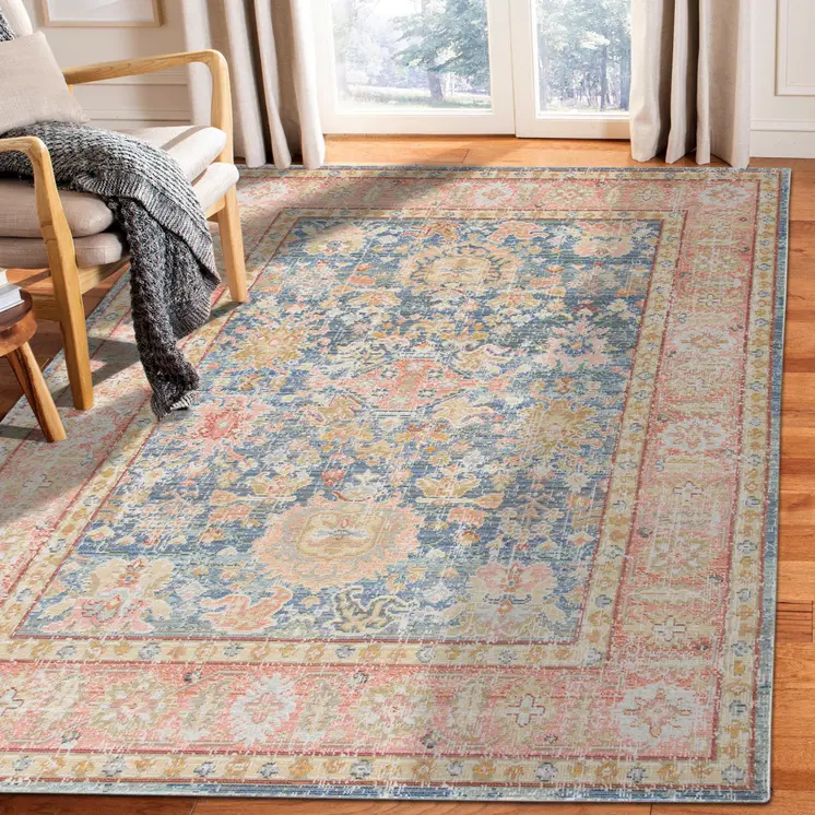 5' X 8' Blue Gold And Orange Floral Area Rug
