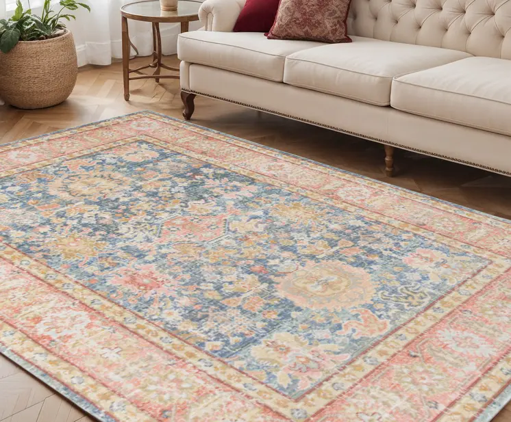 5' X 8' Blue Gold And Orange Floral Area Rug