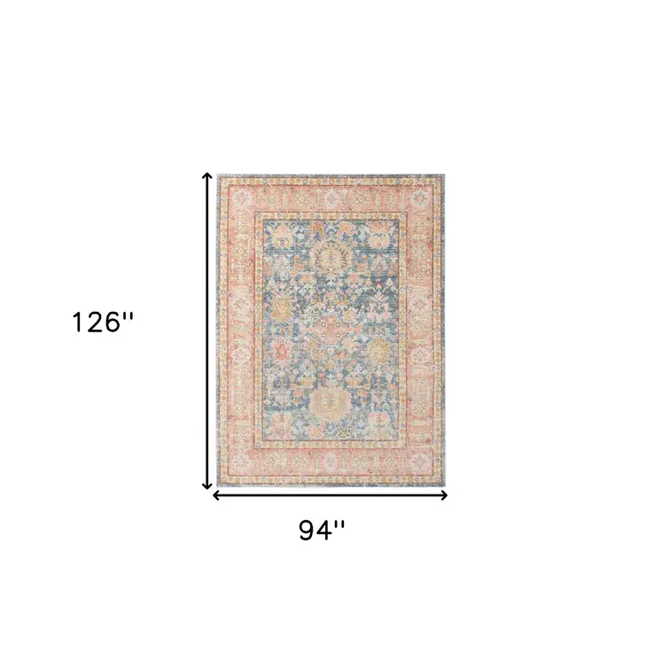 8' X 10' Blue Gold And Orange Floral Area Rug
