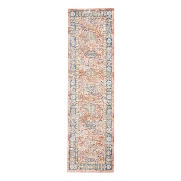 8' Blue Gold And Orange Floral Runner Rug