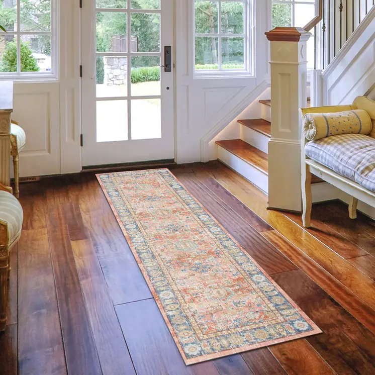 8' Blue Gold And Orange Floral Runner Rug