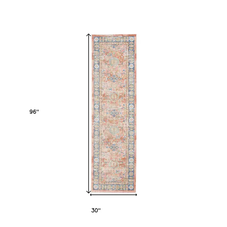 8' Blue Gold And Orange Floral Runner Rug