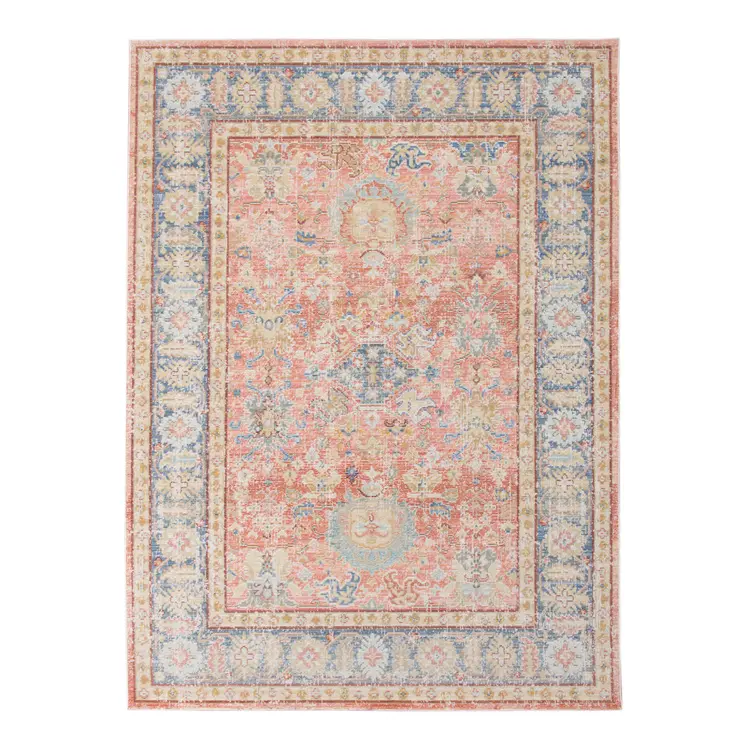 4' X 6' Blue Gold And Coral Floral Area Rug