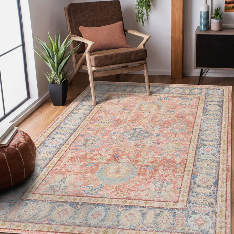 4' X 6' Blue Gold And Coral Floral Area Rug