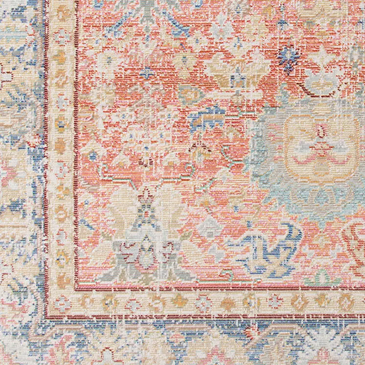4' X 6' Blue Gold And Coral Floral Area Rug