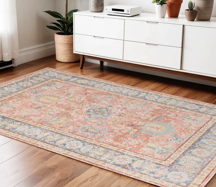 4' X 6' Blue Gold And Coral Floral Area Rug