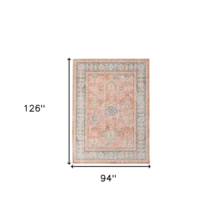 8' X 10' Blue Gold And Coral Floral Area Rug