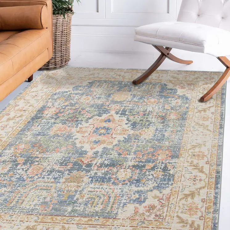 9' X 13' Blue Gold And Orange Floral Area Rug