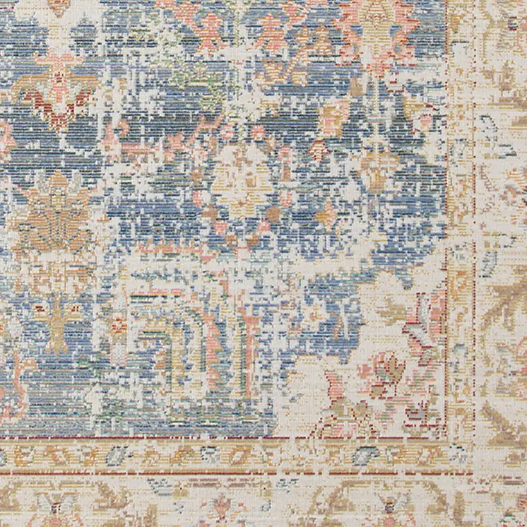 9' X 13' Blue Gold And Orange Floral Area Rug
