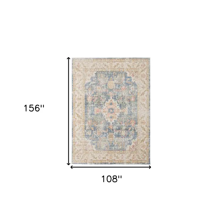 9' X 13' Blue Gold And Orange Floral Area Rug