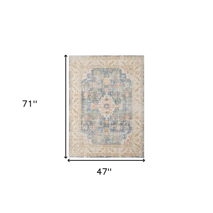 4' X 6' Blue Gold And Orange Floral Area Rug