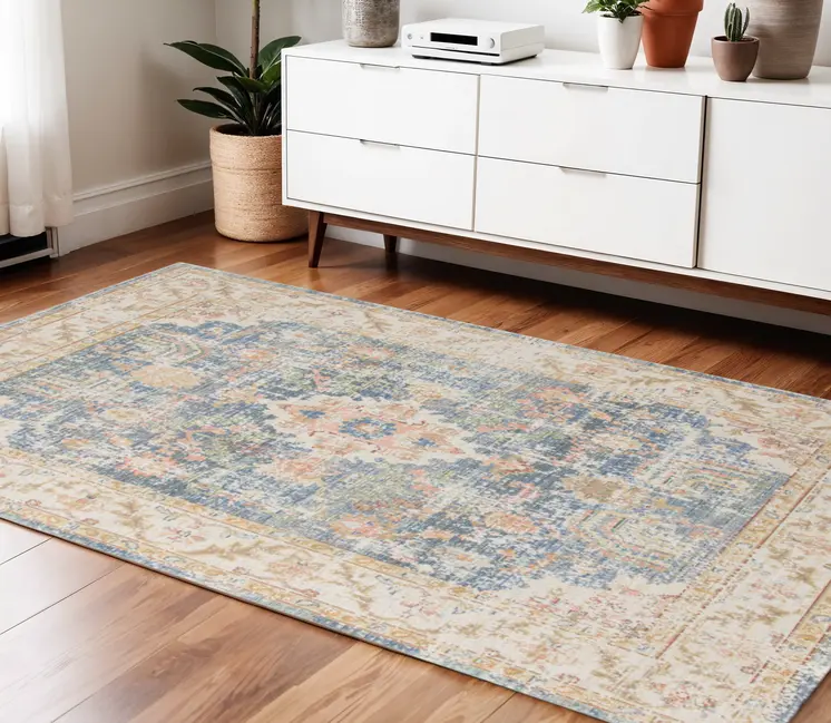 4' X 6' Blue Gold And Orange Floral Area Rug