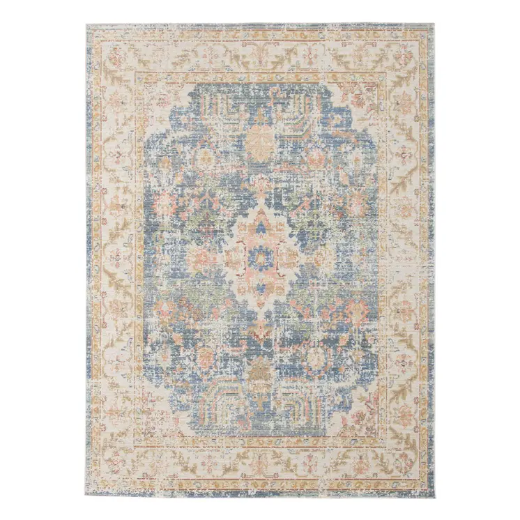 5' X 8' Blue Gold And Orange Floral Area Rug