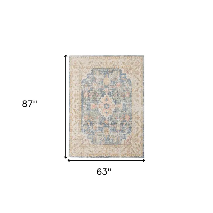 5' X 8' Blue Gold And Orange Floral Area Rug