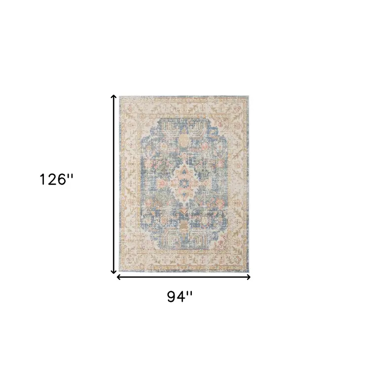 8' X 10' Blue Gold And Orange Floral Area Rug