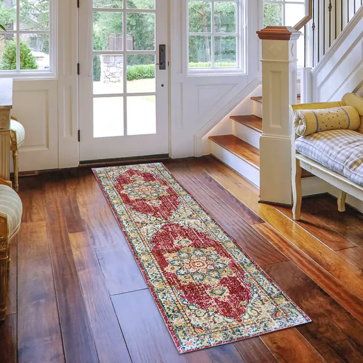 8' Orange Red And Gold Medallion Runner Rug