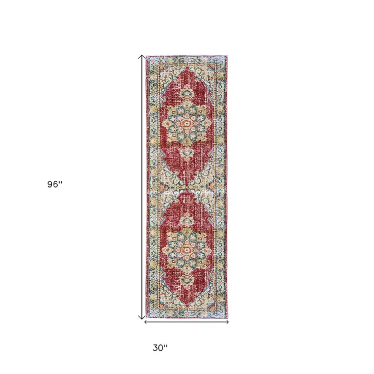 8' Orange Red And Gold Medallion Runner Rug