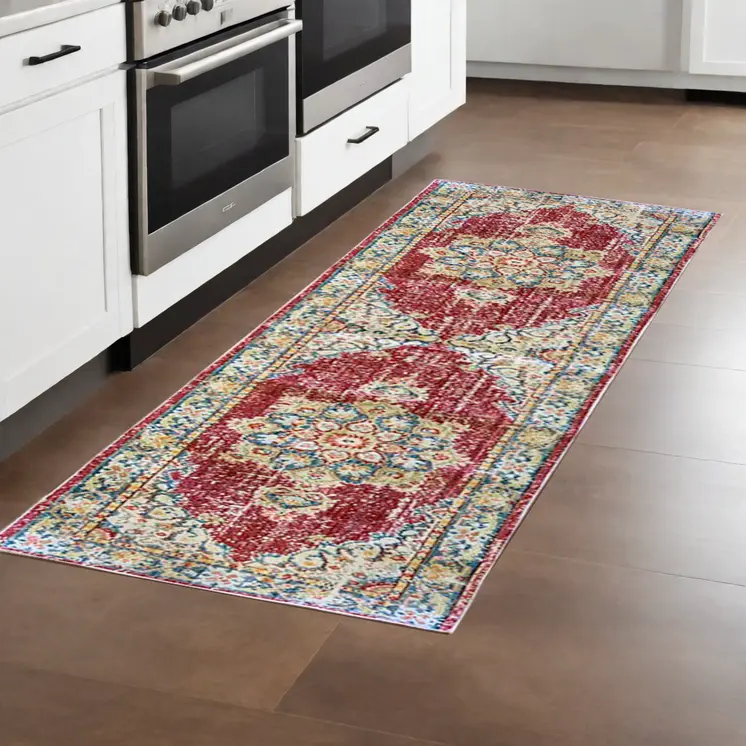 8' Orange Red And Gold Medallion Runner Rug