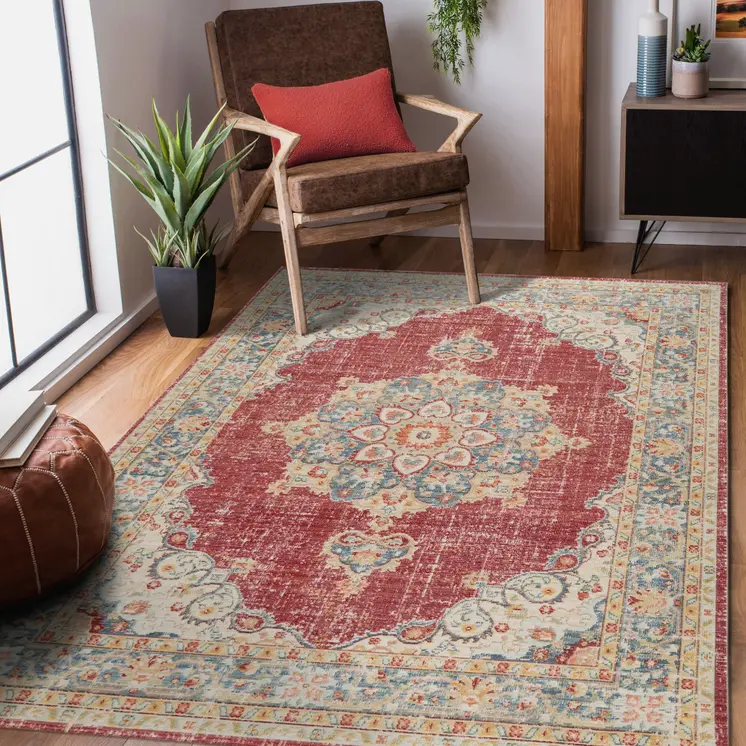 4' X 6' Orange Red And Gold Medallion Area Rug