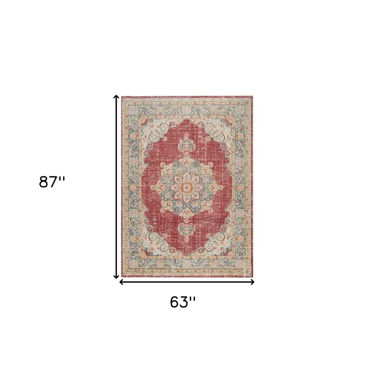 5' X 8' Orange Red And Gold Medallion Area Rug