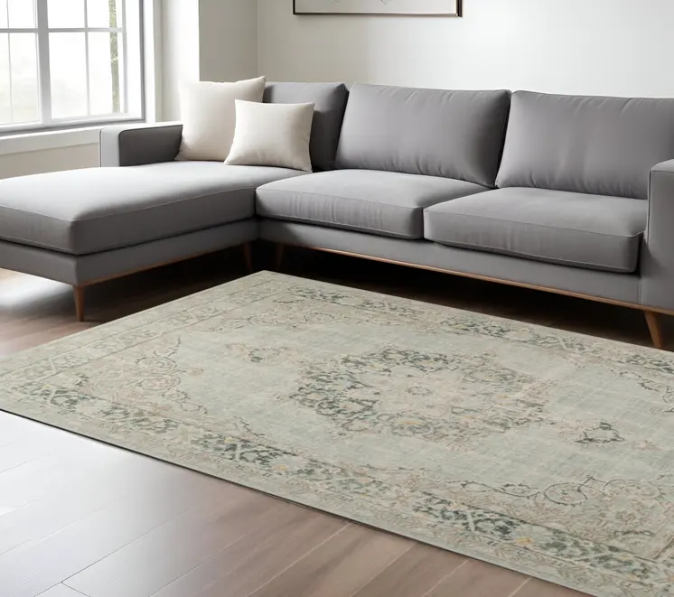 9' X 13' Green And Light Gray Medallion Area Rug