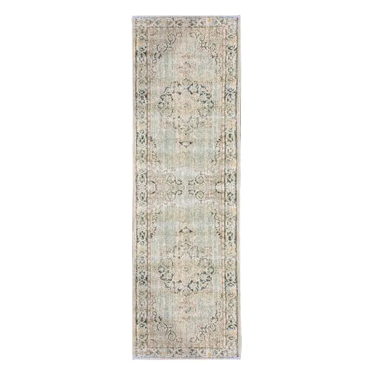 8' Green And Light Gray Medallion Runner Rug