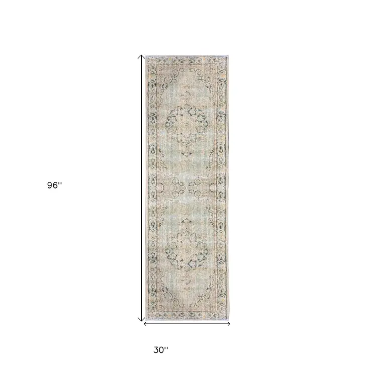8' Green And Light Gray Medallion Runner Rug