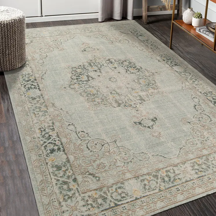 4' X 6' Green And Light Gray Medallion Area Rug