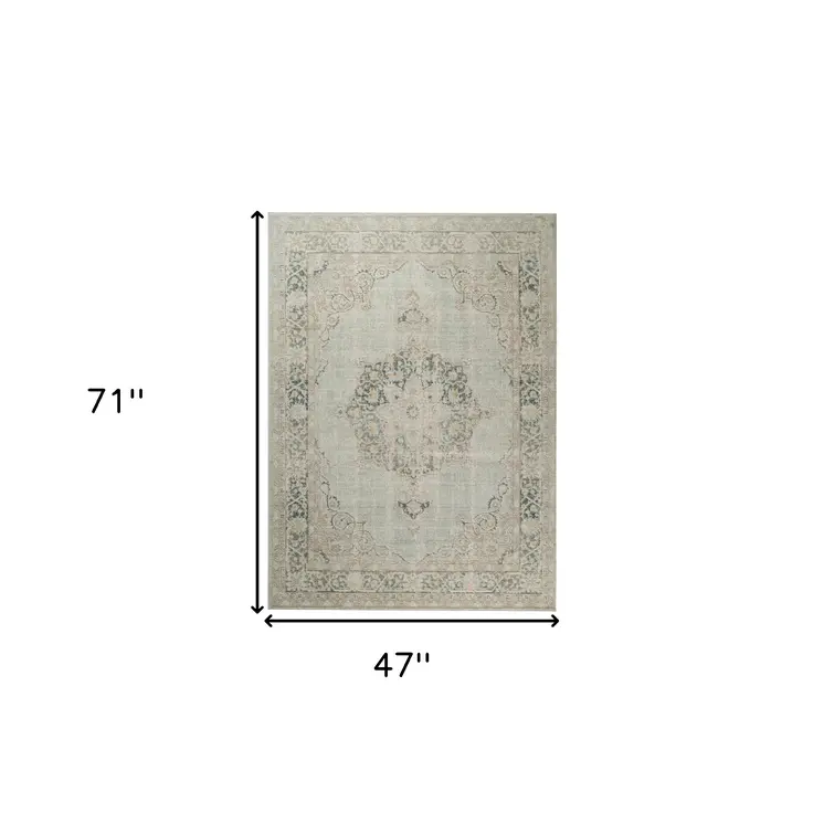4' X 6' Green And Light Gray Medallion Area Rug